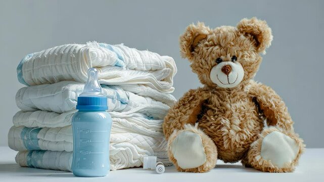 Soft toys, feeding bottle, and diapers showcase essential items for caring for infants in a cozy nursery atmosphere