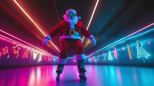 Santa roller skate through neon light tunnel with Christmas decoration, wearing sunglasses and red suit, joyful holiday festive atmosphere celebration