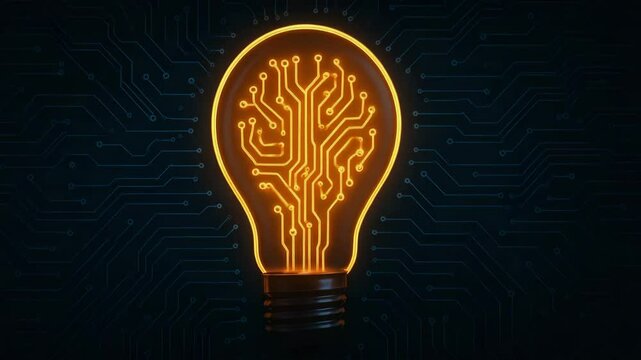 A glowing light bulb with intricate circuit design, symbolizing innovation and technology. Ideal for themes of creativity, artificial intelligence, and the future of energy.