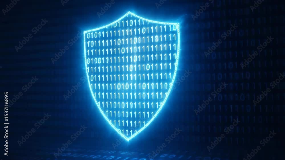 Poster a glowing blue shield composed of binary digits, symbolizing cybersecurity and digital protection. t