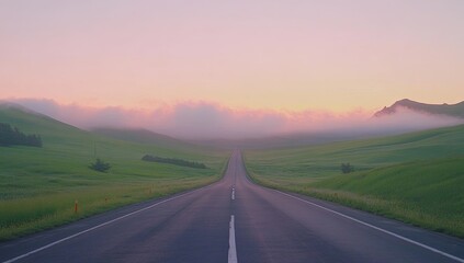 Empty road stretching into a hazy sunrise over rolling hills