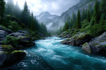Majestic river flows through tranquil green valley surrounded by misty mountains