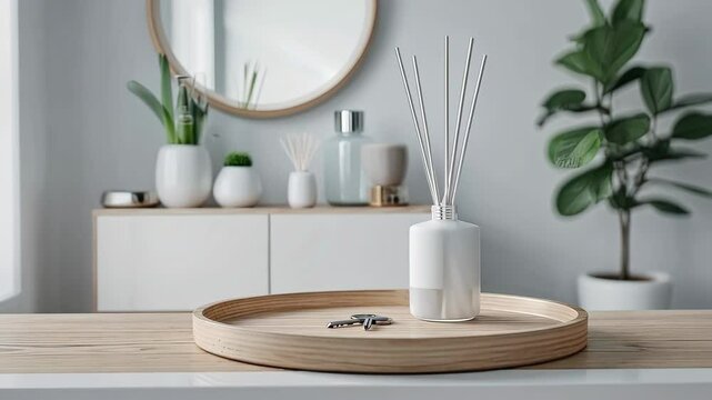 Calm and inviting atmosphere created by an elegant diffuser alongside greenery and minimalist decor elements enhancing the room's aesthetic