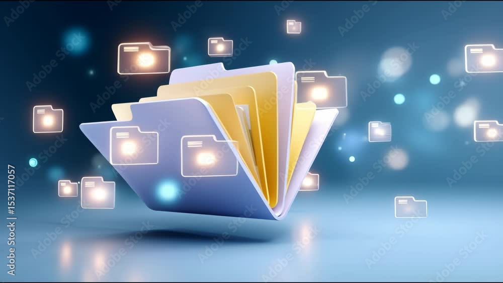 Poster digital folder glowing icons floating around representing data storage file organization cloud compu