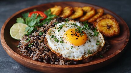 Gallo pinto with fried egg and plantains served