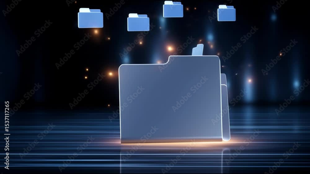 Poster digital folder icon glowing light effects with floating folders representing data storage and transf