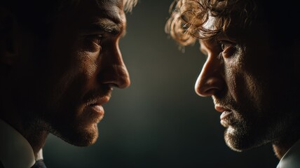 Fototapeta premium Two leaders in a heated conflict meeting, dramatic lighting on faces, power struggle, cinematic confrontation.