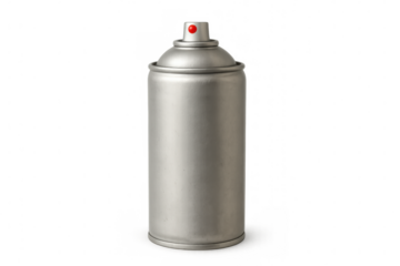 Silver spray paint can with red cap isolated on transparent background, ideal for creative projects