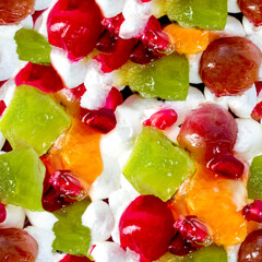 Seamless 4k photo texture material of cake with jelly fruits and cream.