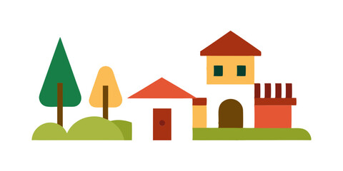 house and village courtyard vector art illustration