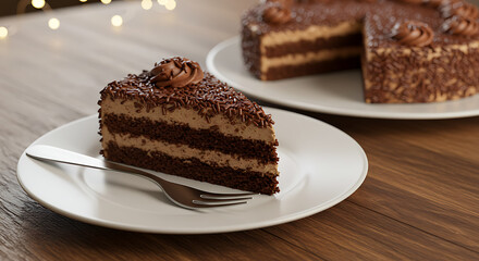 A slice of brigadeiro cake with moist chocolate layers and brigadeiro frosting covered in chocolate sprinkles, served on a white ceramic plate with a fork, placed over a rustic wooden table
