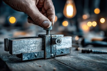 Craftsmanship on display as a hand adjusts a vintage metal clamp in a dimly lit workshop