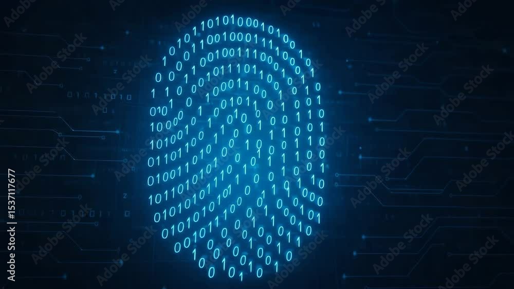 Poster a digital fingerprint composed of binary code, illustrating the intersection of identity and technol