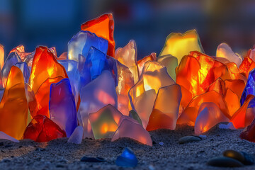 Colorful Glass Fragments on the Beach at Night