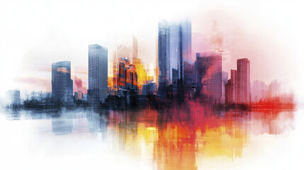 Obraz premium vibrant city skyline reflecting on water, showcasing modern architecture and colorful hues of orange, red, and blue