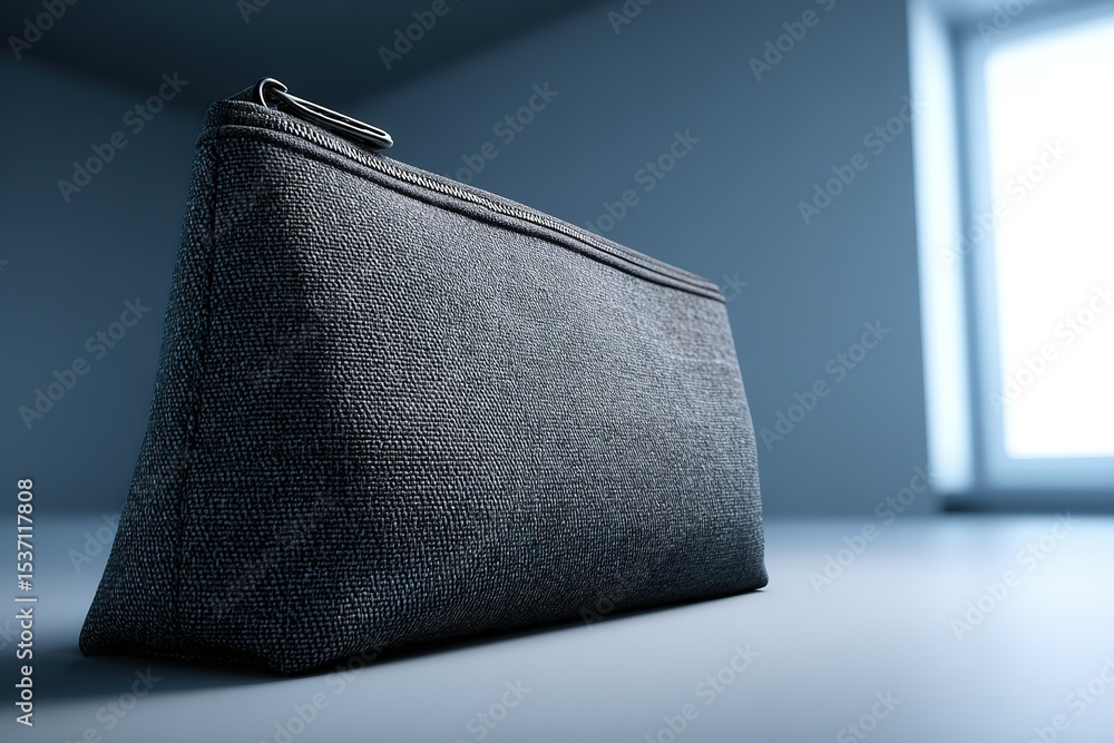 Poster gray leather pouch positioned on a smooth surface in a minimalist setting with a soft window light i