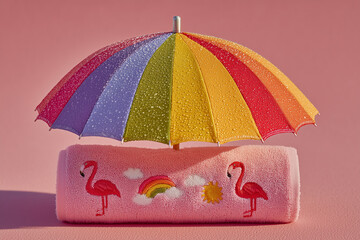 Pink Flamingo Pattern Towel with Rainbow Design Under Umbrella with Water Droplet