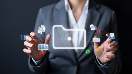 Person in Gray Suit Interacting with Digital File Folder and Data Icons