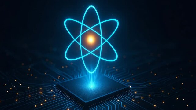 A vibrant depiction of an atom symbolizing scientific innovation and technology