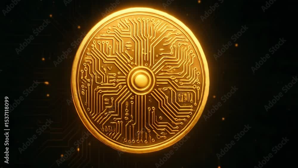 Aufkleber a stunning golden coin design with intricate circuitry, symbolizing modern currency and blockchain t