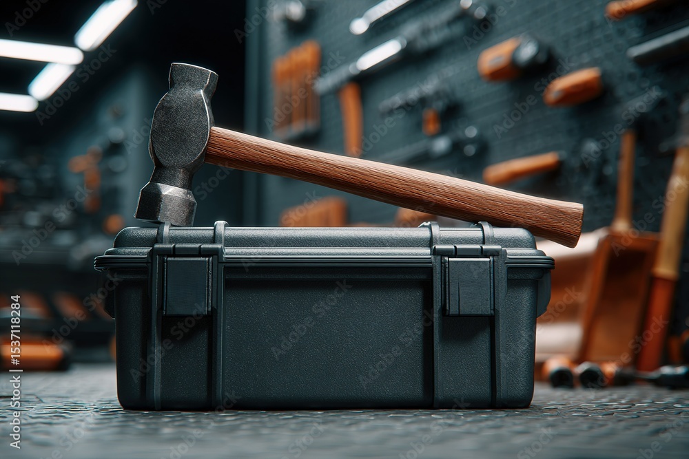 Poster tool box with hammer resting on top in a workshop setting during daylight