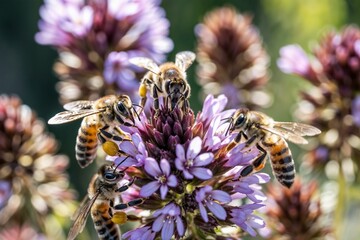 Bees pollinating wildflowers close-up, detailed wings and petals, natural light, nature-themed design