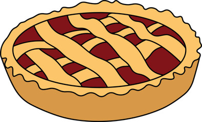 Colorful vector illustration of a classic lattice-top pie, featuring a golden-brown crust and rich red fruit filling.