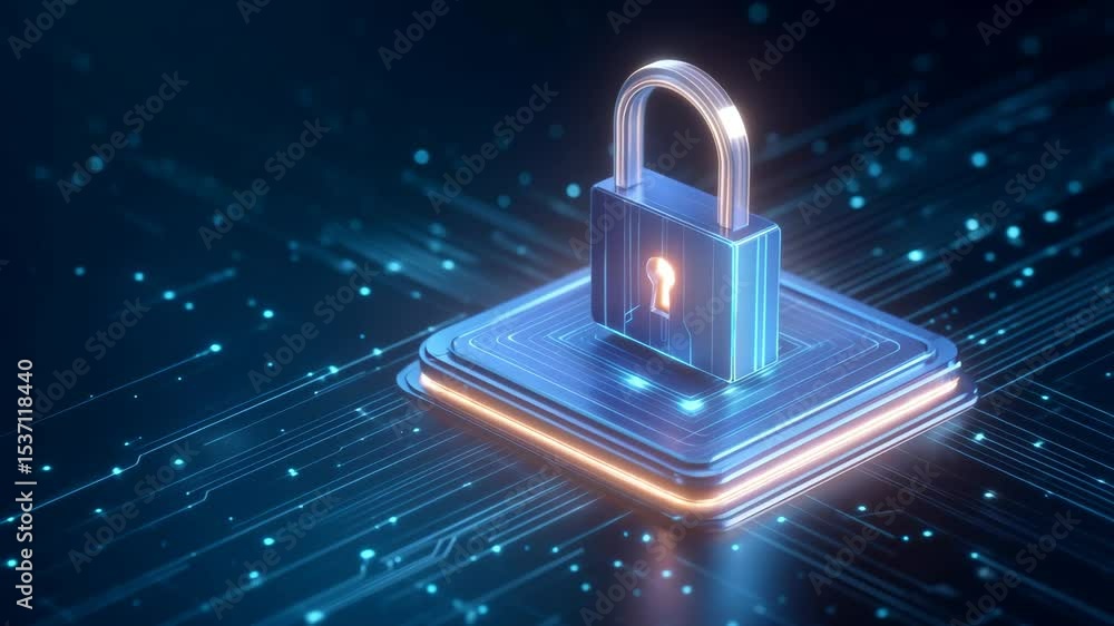 Poster digital lock and glowing circuit board symbolize advanced digital security technology for data prote