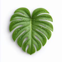 Leaf with water droplets on it, it looks like a heart. The leaf is green and has a unique shape