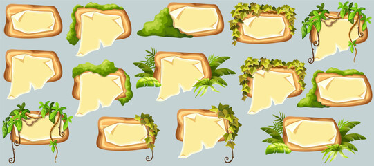 Wooden signboards with old paper, stems ivy, liana, grapes, vine, swamp moss, forest lichen. Set blank invitations, maps, jungle plants. 3d elements for messages, banners, notebooks, mobile games.