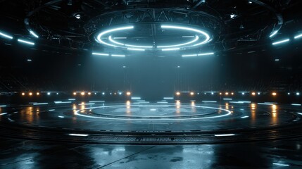 Futuristic Cyberpunk Exhibition Stage: Illuminated Circular Platform in Dark Blue-lit Tech Environment. Mysterious High-tech Backdrop for Product Launches, Automotive Showcases, and Cutting-edge Prese