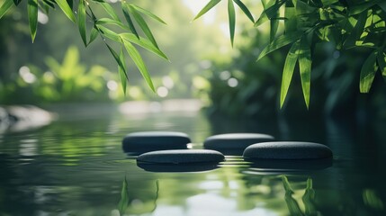 Calm river stones in a lush green bamboo forest