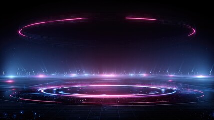 Futuristic Cyberpunk Exhibition Stage: Illuminated Circular Platform in Dark Blue-lit Tech Environment. Mysterious High-tech Backdrop for Product Launches, Automotive Showcases, and Cutting-edge Prese