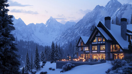 charming alpine chalet surrounded by snow covered mountains, creating serene winter atmosphere with warm lights glowing from windows