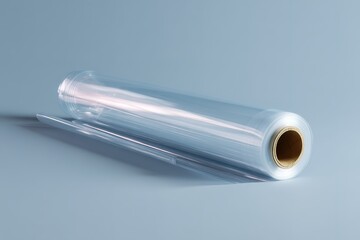 Clear plastic wrap roll on a light blue surface for food storage and preservation