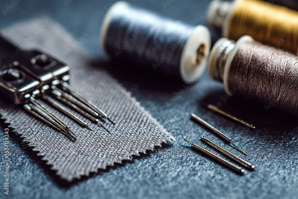 Aufkleber sewing tools and colorful threads arranged on a fabric surface in a crafting workspace