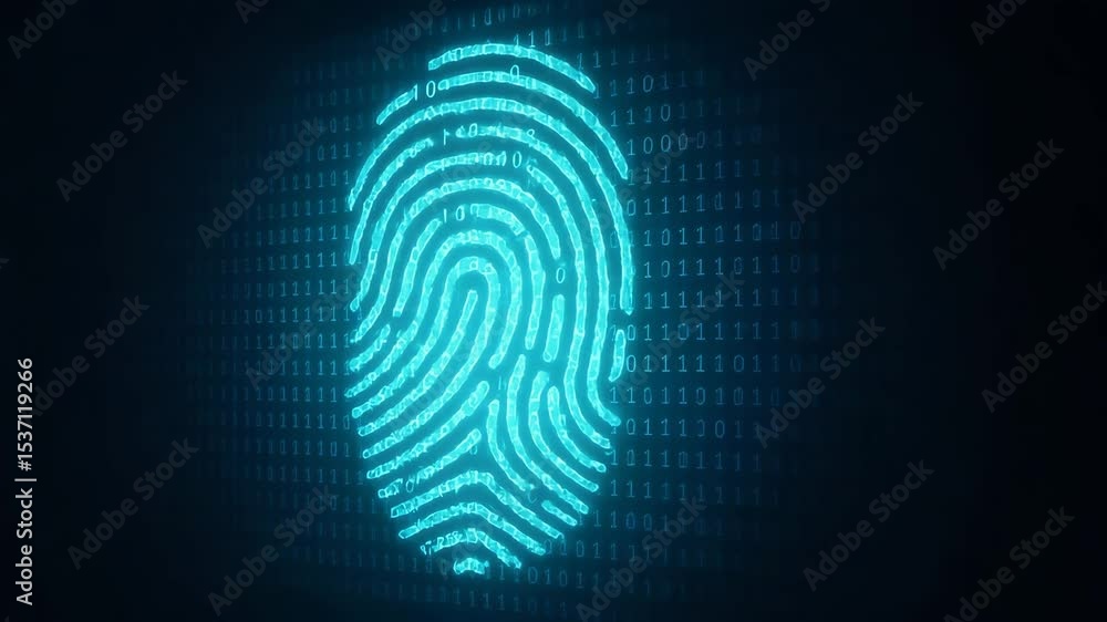 Poster a digital fingerprint displayed on a dark background, symbolizing security, identity verification, a