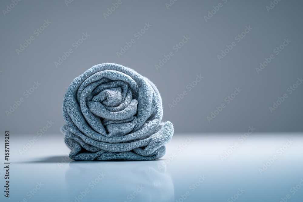 Poster soft blue towel is rolled neatly on a smooth surface in a minimalist setting