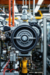 Fototapeta premium Industrial machinery gear system with metal parts and pipes in factory environment