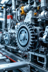 Industrial machinery gear and mechanical parts in factory setting with metallic components