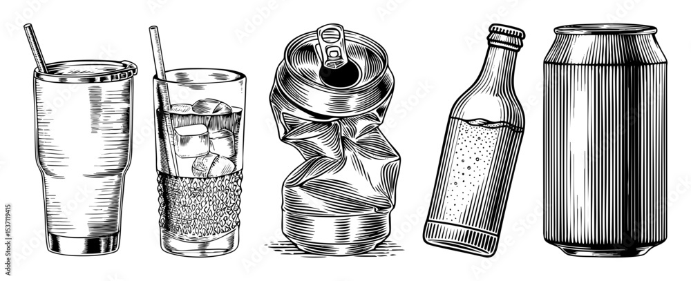 Poster vector detailed vector of assorted beverage containers with ice.