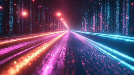 Digital Data Stream with Neon Lights and Colorful Particles