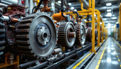 Industrial gear system with metal cogwheels in factory