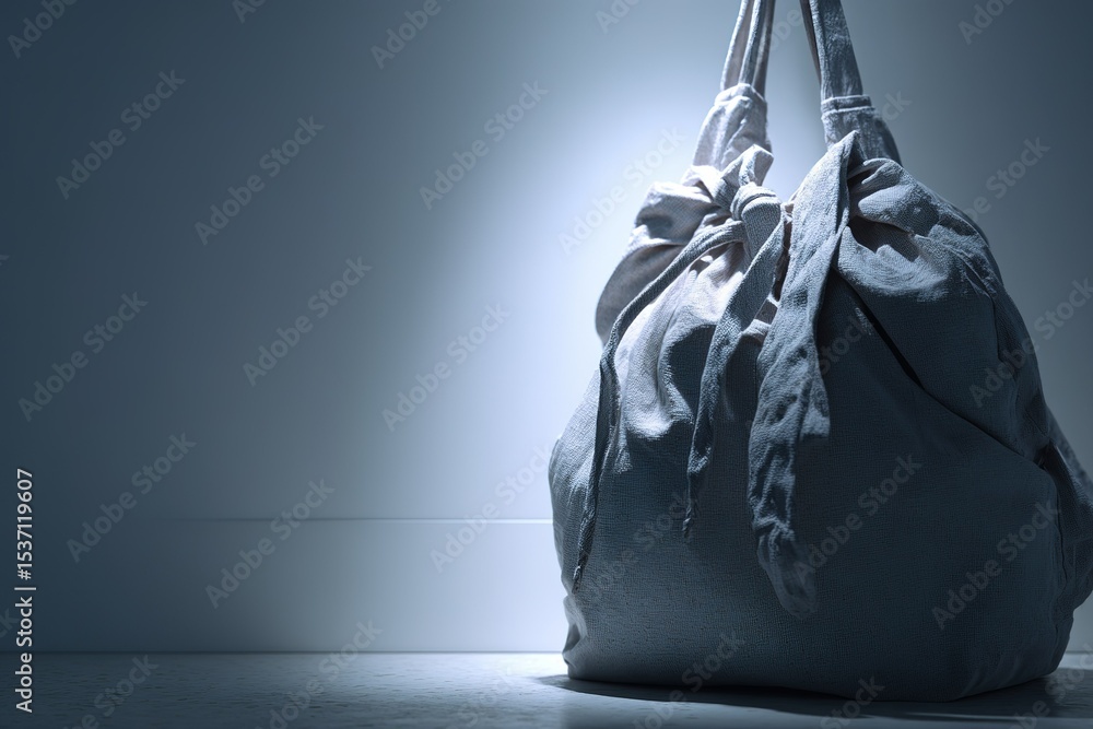 Poster unique fabric bag illuminated by soft light in a minimalist indoor setting during evening hours