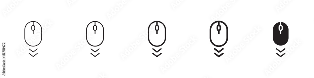 Poster scroll down computer mouse icons in black outline, solid and colored style