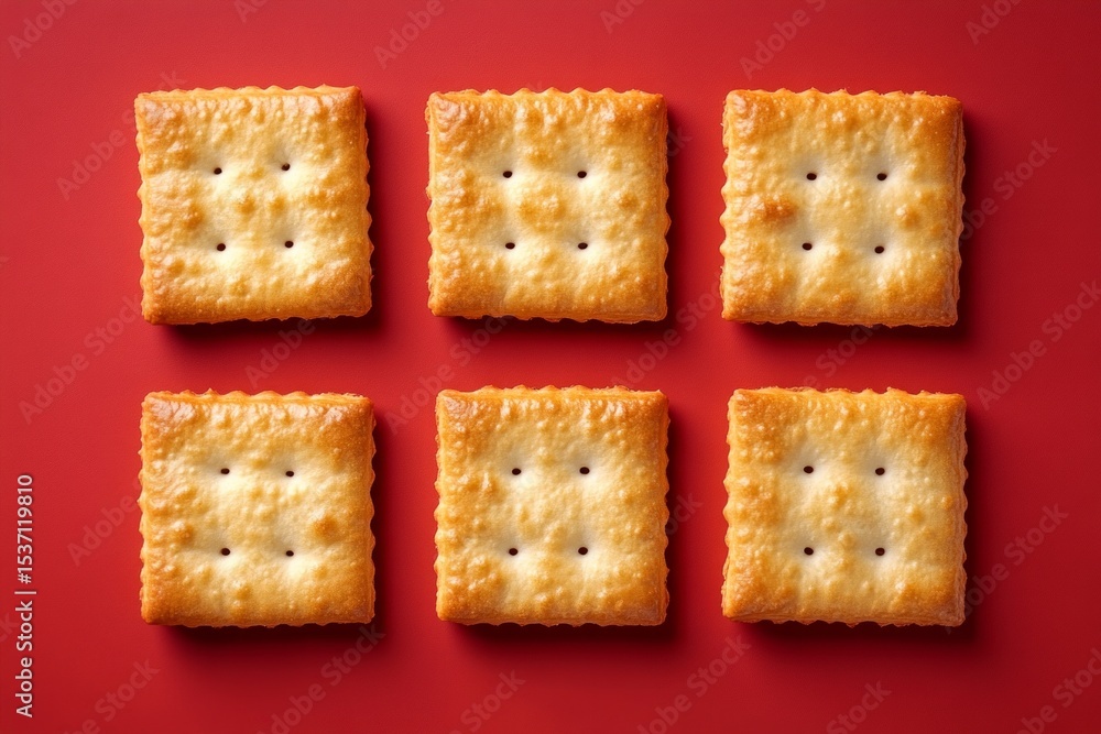 Poster small crispy crackers lying on a vibrant red background, creating a visually appealing arrangement