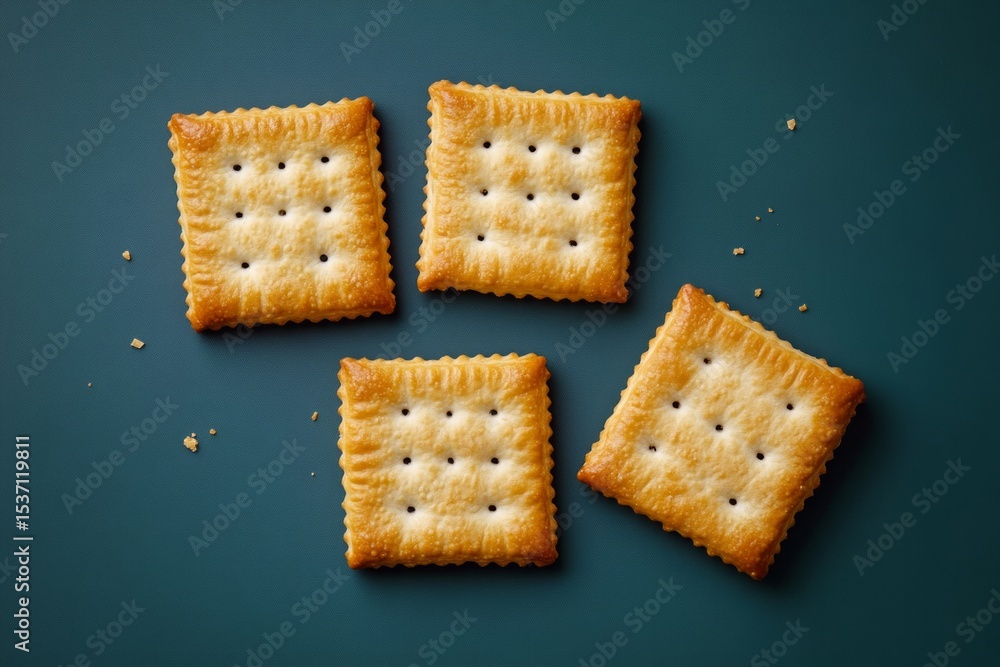 Aufkleber four delicious square crackers lying on a dark green surface, creating a visually appealing arrangem