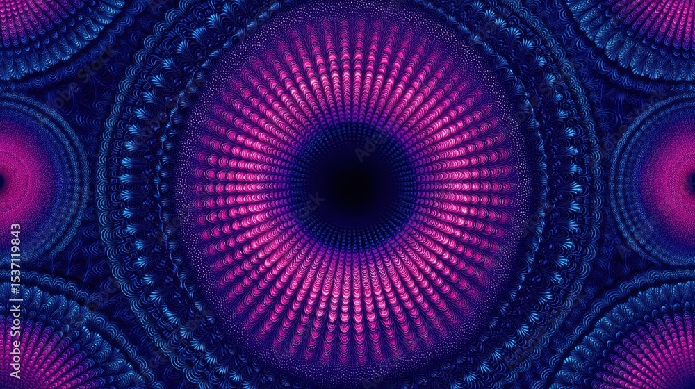 Poster abstract fractal design complex pattern vibrant purple and blue hues creating a mesmerizing optical 