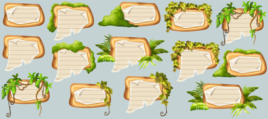Wooden signboards with old paper, stems ivy, liana, grapes, vine, swamp moss, forest lichen. Set isolated wooden elements with blank, with school page in line, ragged graph paper. 