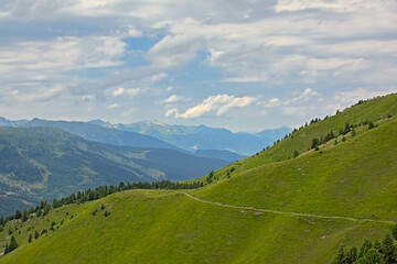 Fototapeta premium Green mountain landscape with forest under a cloudy sky in La Vanoise nature reserve, Savoie, France 